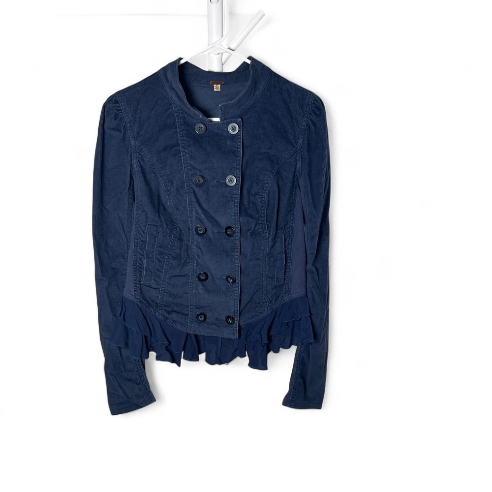 Free People Corduroy Victorian Riding Jacket Size 8 Blue Double Breasted Peplum